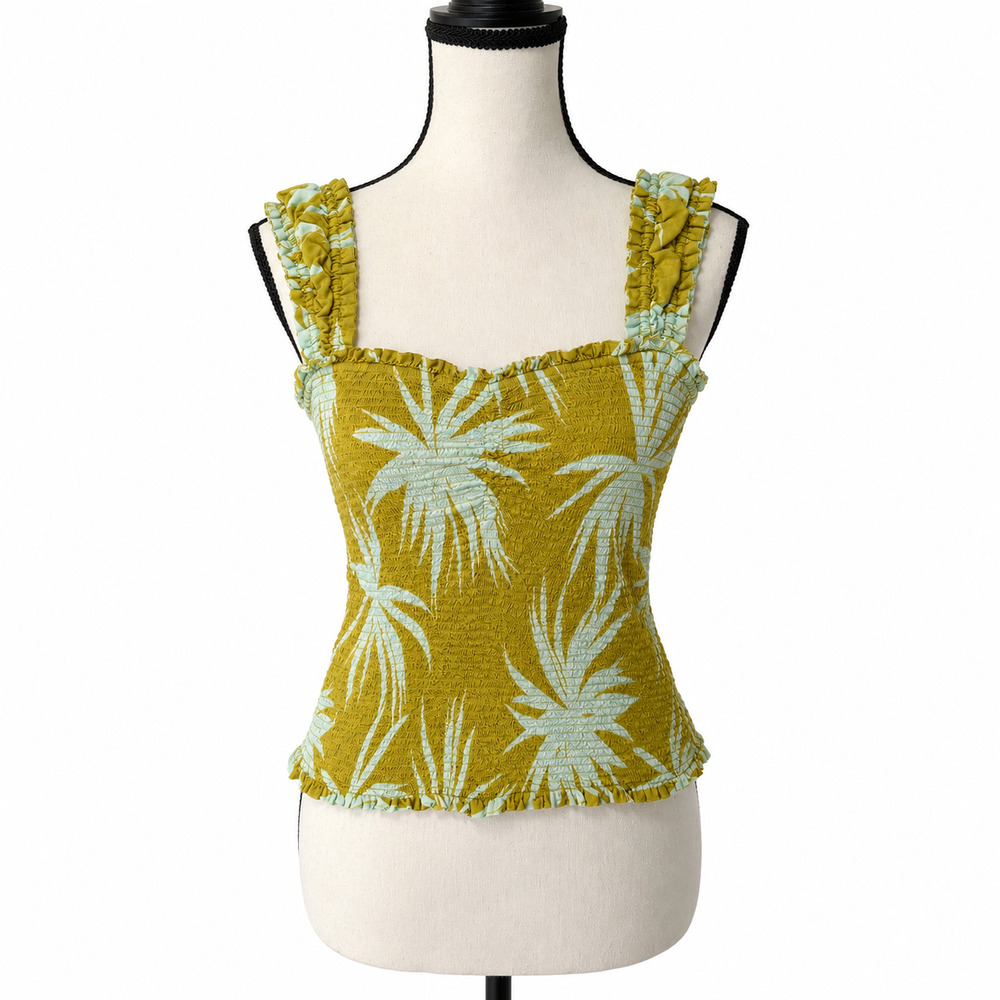 Maeve Smocked Tank Top Womens Size Medium Green Tropical Print Ruffle Stretch